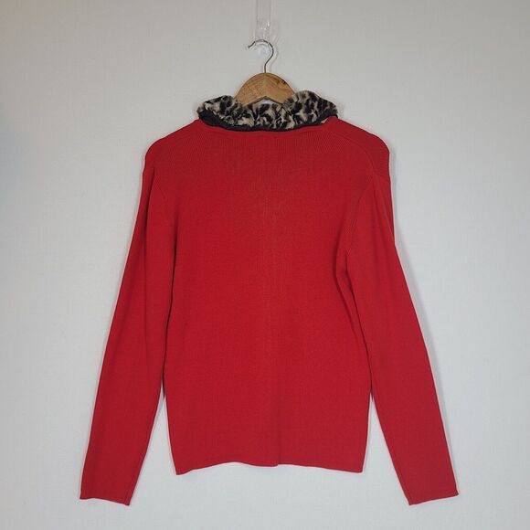 3 for $30 -Vtg Kikit Red Sweater Cardigan Animal Print Faux Fur Removable Collar - Picture 5 of 8